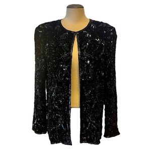Adrianna Papell Lux Sequin & Beaded Silk Evening Jacket Blazer in Black